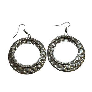 Hammered Silver-Tone Round Dangle Earrings With Rhinestone Accent
